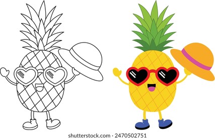 Lindo kawaii divertida piña dibujos animados personaje para colorear página para niños. Contorno de fruta tropical doodle para colorear página aislada sobre fondo blanco. Libro para colorear de verano para niños