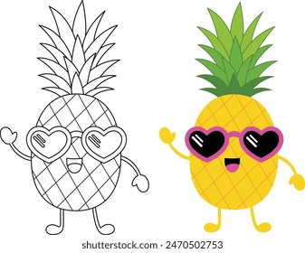 Lindo kawaii divertida piña dibujos animados personaje para colorear página para niños. Contorno de fruta tropical doodle para colorear página aislada sobre fondo blanco. Libro para colorear de verano para niños