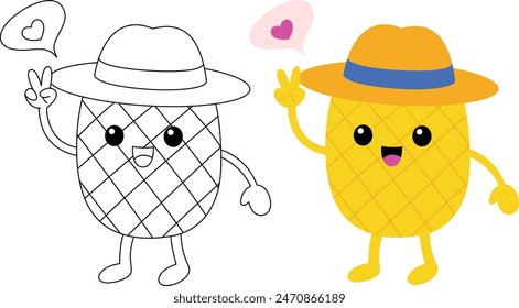Cute kawaii funny pineapple cartoon character coloring page for kids. Tropical fruit outline doodle colouring page isolated on white background. Summer coloring book for kids
