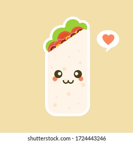 Cute and kawaii  funny smiling happy burrito. Mexican food flat design vector illustration. Traditional Mexican meal, fast food. Bright and positive clipart, composition.