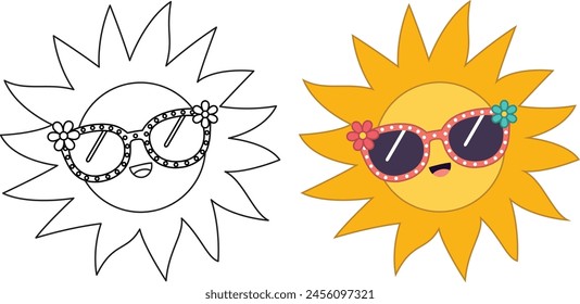 Cute kawaii funny sun wearing sunglasses with happy face cartoon character coloring page vector illustration