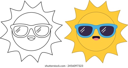 Nette kawaii lustige Sonne mit Sonnenbrille mit glücklichem Gesicht Cartoon Charakter Färbung Seite Vektorillustration