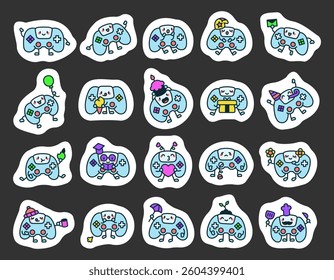 Cute kawaii gamepad characters with happy cartoon emotions for fun, joy, entertainment, expressions, lifestyle, activity, creativity, playful, cheerful, friendly, smiling, mood