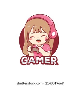 Cute kawaii gamer girl cartoon playing game console esport logo