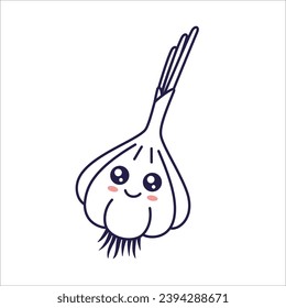 Cute Kawaii Garlic cartoon kids illustration. Food vegetable outline line art illustration. Garlic character, mascot in Doodle style. Kids Coloring book.