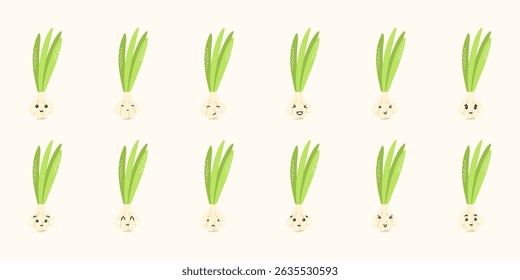 Cute kawaii garlic vector stickers with funny faces and emotions: happy, sad, angry, surprised. Flat characters for kids, education, and healthy eating designs