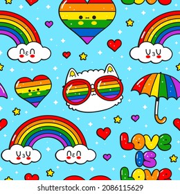 Cute kawaii Gay,LGBT seamless pattern. Vector doodle cartoon character illustration design. Gay,lgbt rigts,rainbow,heart seamless pattern print design for poster, t-shirt concept
