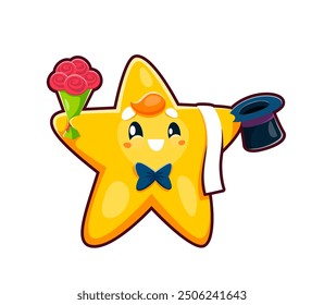 Cute kawaii gentleman star character with flowers, vector cartoon emoji emoticon. Funny gentleman kawaii star with happy smile on face and cylinder hat, tuxedo bowtie and flowers for love and wedding