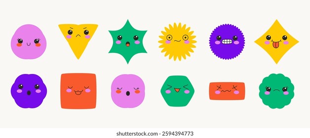 Cute Kawaii Geometric Shapes with Faces, Cartoon Vector Elements