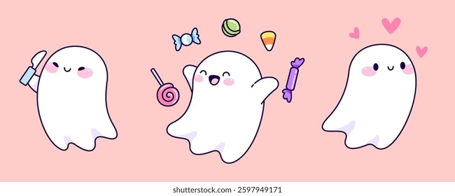 Cute kawaii ghost characters with pastel colors and simple shapes. Expressive faces with various emotions - happy, excited, in love. Adorable spooky cartoon illustration of Halloween design elements.