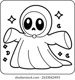 Cute Kawaii Ghost in Cloak Line Art Coloring Page