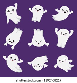 Cute kawaii ghost. Halloween scary ghostly characters. Ghost vector collection in japanese style. Illustration of halloween ghost soar, mysterious fly ghostly