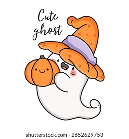 Cute kawaii ghost holding pumpkin. Vector stock illustration. 