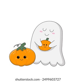 Lindo fantasma kawaii con calabaza en la mano para unas felices vacaciones de Halloween. Pequeño fantasma alegre y calabaza para la decoración