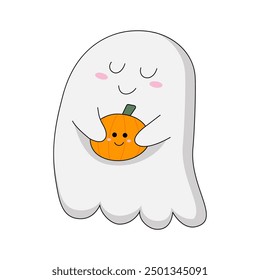 Lindo fantasma kawaii con calabaza en la mano para unas felices vacaciones de Halloween. Pequeño fantasma alegre y calabaza para la decoración