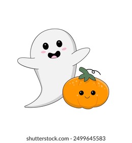 Lindo fantasma kawaii con linterna de calabaza para unas felices vacaciones de Halloween. Pequeño fantasma alegre y calabaza para la decoración