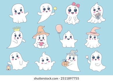 Cute kawaii ghost set. Halloween baby characters. Magic scary spirits. Vector cartoon illustration.