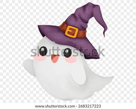 Cute kawaii ghost wearing witch hat spooky halloween watercolor decoration vector.
