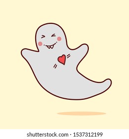 Cute kawaii ghost who fall in love. Vector illustration for Halloween. Good for logo or sticker for decoration.