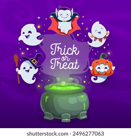 Cute kawaii ghosts near Halloween magic potion cauldron for trick or treat party, vector background. Holiday horror night funny baby boo ghosts in witch hat with broom and pumpkin or Dracula costume