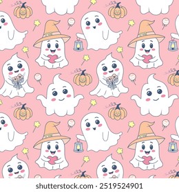 Fantasmas kawaii bonito padrão sem costura. Impressão de Halloween. Personagens de bebê assustadores, abóboras e doces no fundo rosa.