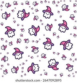 Cute kawaii ghosts wearing pink witch hats seamless pattern background