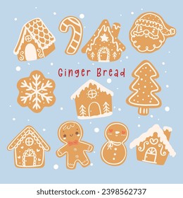 cute kawaii gingerbread hand drawing flat design Christmas collection, includes gingerbread houses, gingerbread men, candy canes, Santa faces, and Christmas trees,