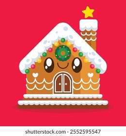 Cute kawaii gingerbread house vector illustration