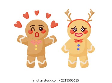Cute Kawaii Gingerbread man in over baked brown color in love   wearing deer headband  vector illustration cartoon 