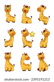 Cute kawaii giraffe. Adorable safari animal cartoon character mascot. Hand drawn style. Vector drawing. Collection of design elements.