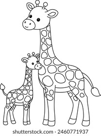 Cute kawaii giraffe and baby cartoon character coloring page outline vector illustration. Wild animal, mothers day colouring page for kids