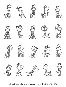 Cute kawaii giraffe. Coloring Page. Funny animal with long neck. Hand drawn style. Vector drawing. Collection of design elements.