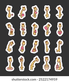 Cute kawaii giraffe. Sticker Bookmark. Funny animal with long neck. Hand drawn style. Vector drawing. Collection of design elements.