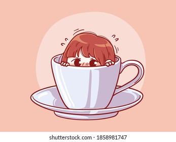 Cute and kawaii Girl Afraid or Shy Hide In a Cup of coffee Manga Chibi Illustration