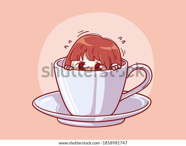 かわいいかわいい女の子がコーヒーまんがのカップに隠れるのを怖がるか恥ずかしがる女の子チビイラスト のベクター画像素材 ロイヤリティフリー