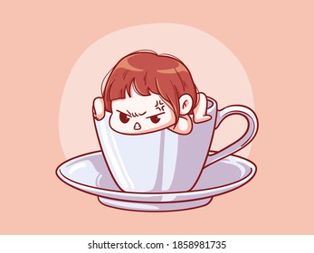 Cute and Kawaii Girl Angry Getting out of a Cup of coffee Manga Chibi Illustration