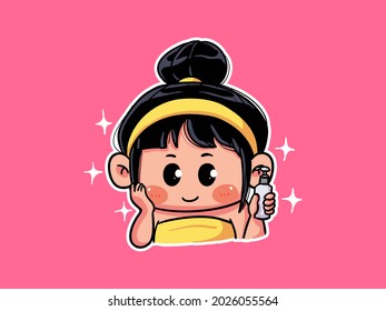 Cute and kawaii Girl Apply Beauty Lotion for Skincare Routine manga chibi Illustration