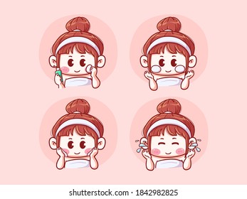 Cute and kawaii Girl Apply Face Wash Product, Cleanse and Rinse Face, chibi manga Illustration