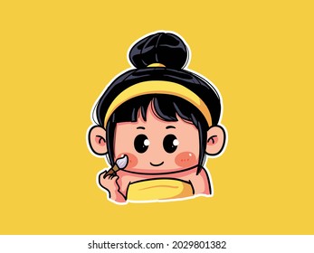 Cute and kawaii Girl apply mask with brush for Skincare Routine manga chibi Illustration