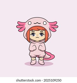 Cute Kawaii Girl In Axolotl Costume Character