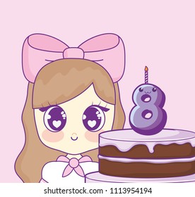 cute kawaii girl with cake birthday card