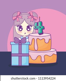 cute kawaii girl with cake birthday card