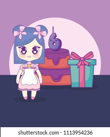 cute kawaii girl with cake birthday card