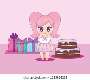 cute kawaii girl with cake birthday card