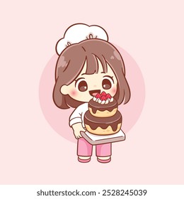 Chef lindo de la muchacha kawaii que sostiene el logotipo dulce de la mascota del pastel