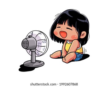 Cute and kawaii Girl is cooling her self with fan on hot summer, Chibi Illustration