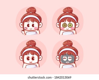 Cute and kawaii Girl Doing Skincare Routine, Apply Clay, Brightening and Cucumber Eye Mask chibi manga Illustration