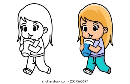 Cute and kawaii girl drink boba milk tea coloring page for kids