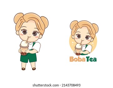 Cute kawaii girl drinking bubble milk tea logo cartoon art illustration