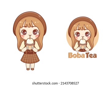 Cute kawaii girl drinking bubble milk tea logo cartoon art illustration